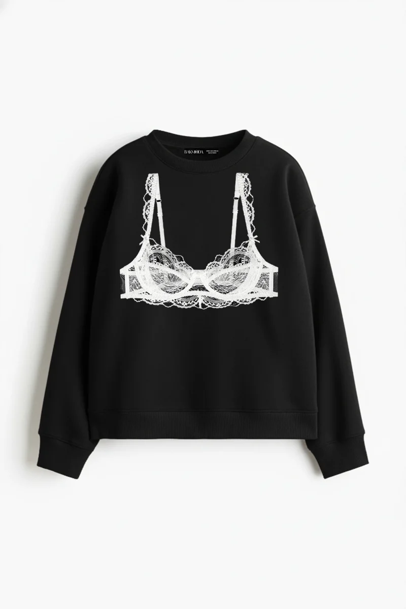 Black Bra Baskılı Kapüşonsuz Relaxed Fit Kadın Siyah Sweatshirt