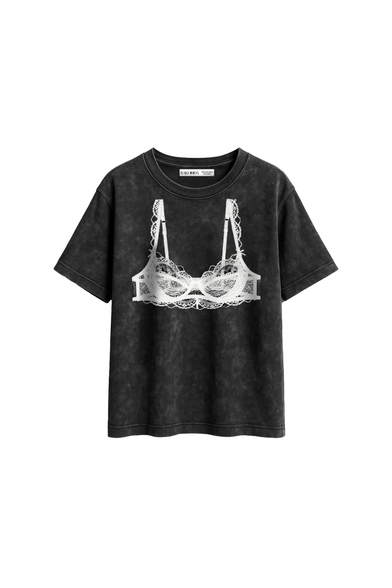 Black Bra Baskılı Relaxed Fit Yıkamalı Siyah Kadın Tshirt