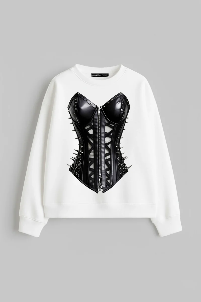 Black Cat Corset Baskılı Kapüşonsuz Relaxed Fit Kadın Beyaz Sweatshirt