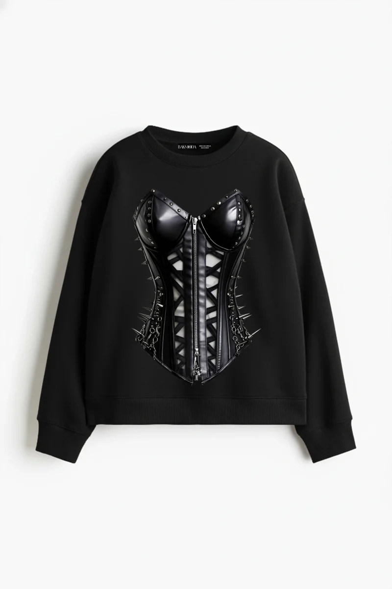 Black Cat Corset Baskılı Kapüşonsuz Relaxed Fit Kadın Siyah Sweatshirt