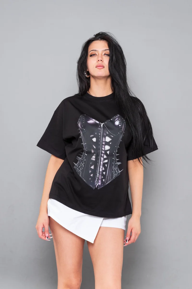 Black Cat Corset Baskılı Relaxed Fit Siyah Kadın Tshirt