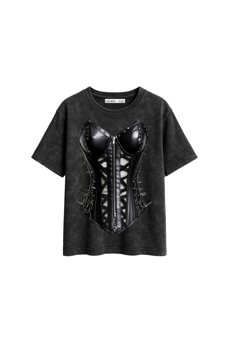 Black Cat Corset Baskılı Relaxed Fit Yıkamalı Siyah Kadın Tshirt