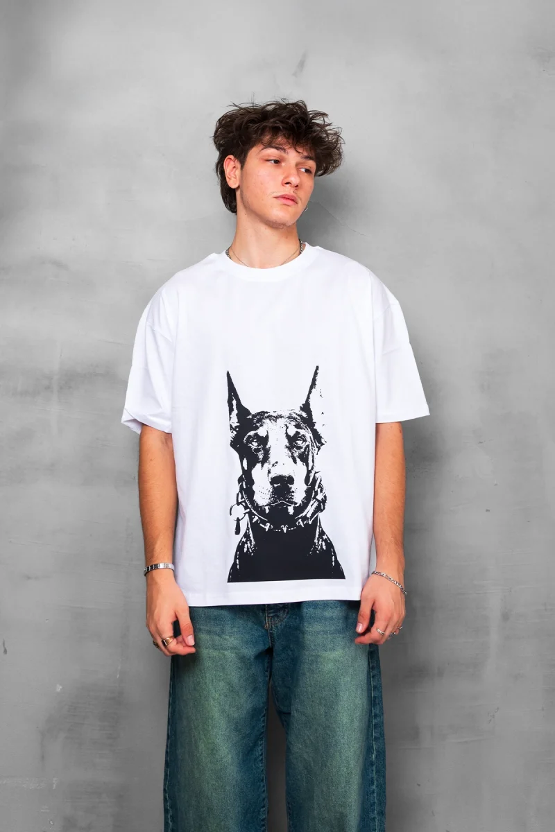 Black Doberman Baskılı Oversize Unisex Beyaz Tshirt