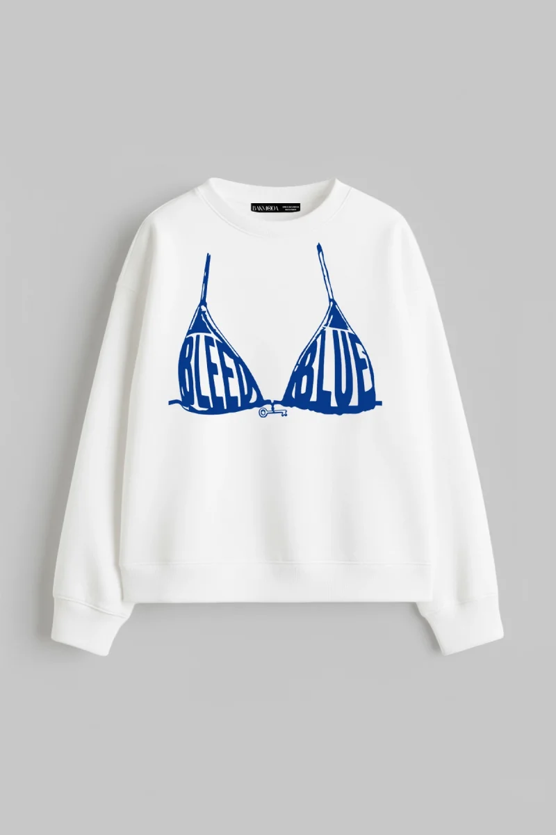 Bleed Blue Baskılı Kapüşonsuz Relaxed Fit Kadın Beyaz Sweatshirt
