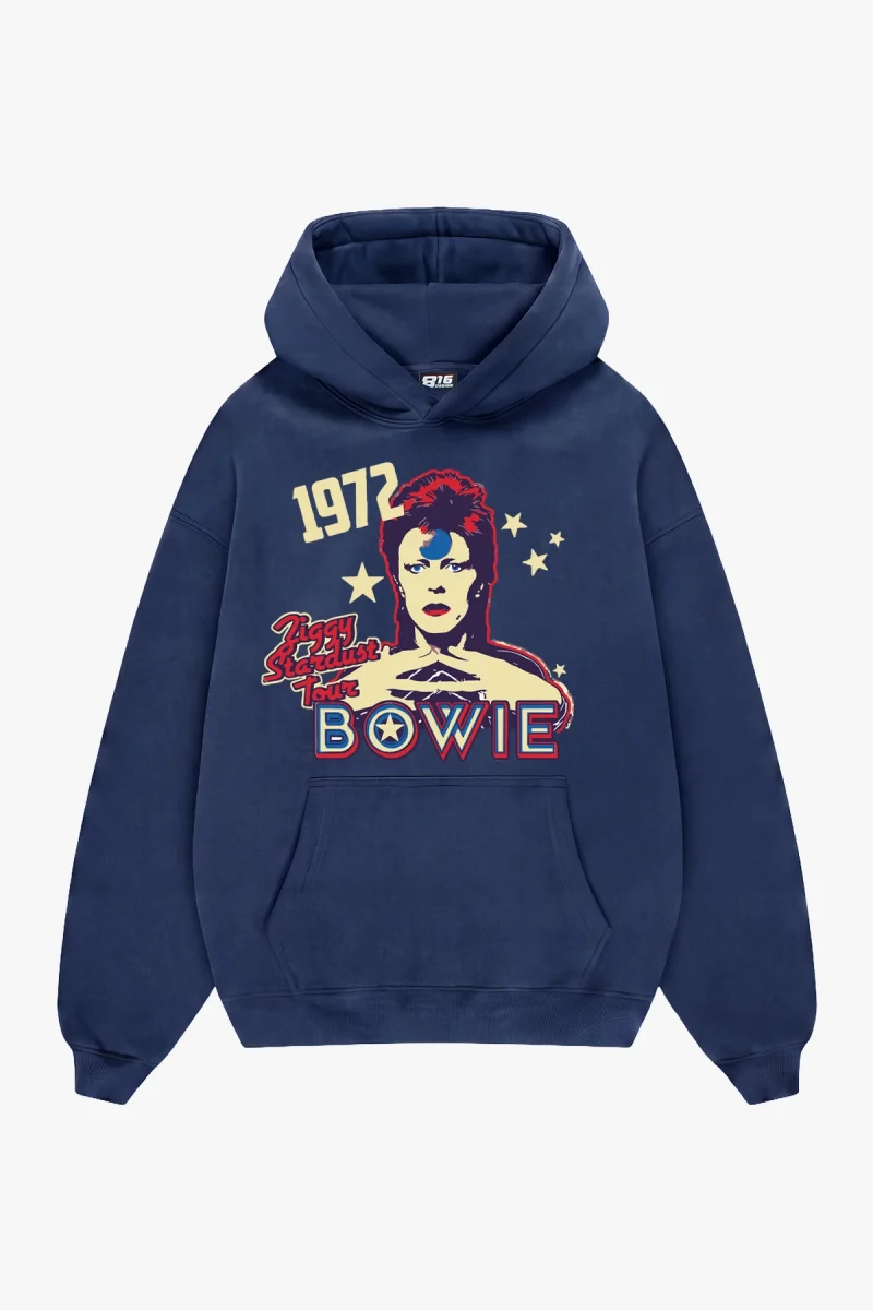 Bowie 1072 Baskılı Oversize Unisex İndigo Hoodie
