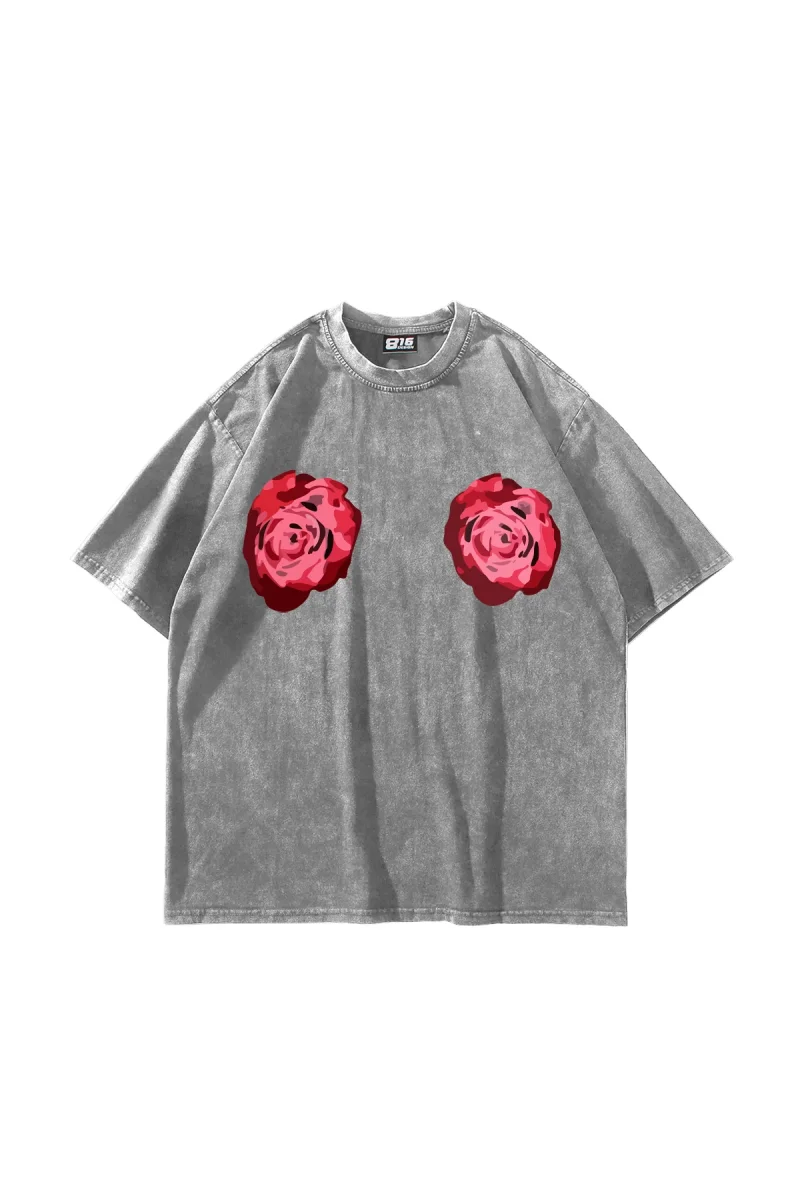 Blooming Chest Baskılı Oversize Unisex Yıkamalı Beyaz Tshirt