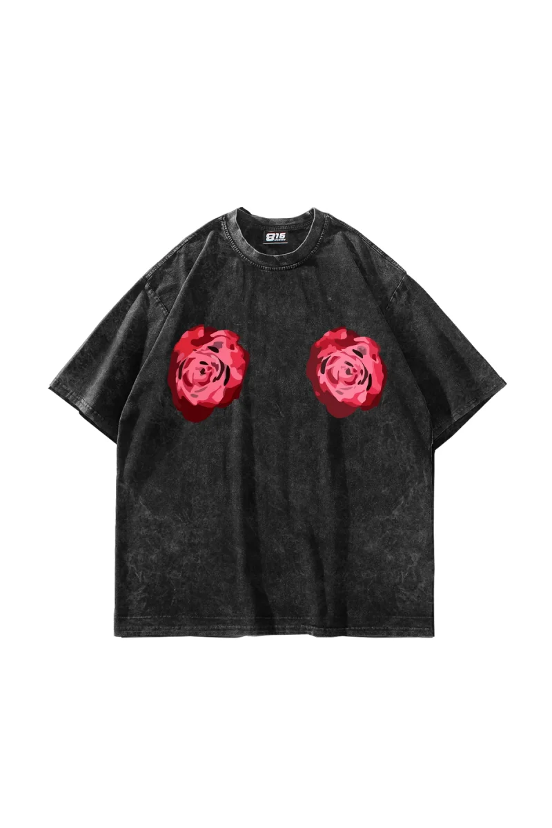 Blooming Chest Baskılı Oversize Unisex Yıkamalı Siyah Tshirt
