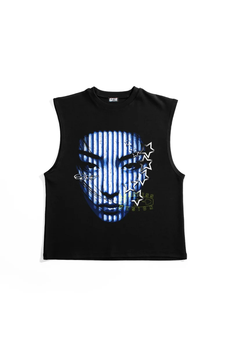 Blue Face Graphic Baskılı Siyah Sıfır Kol Tshirt