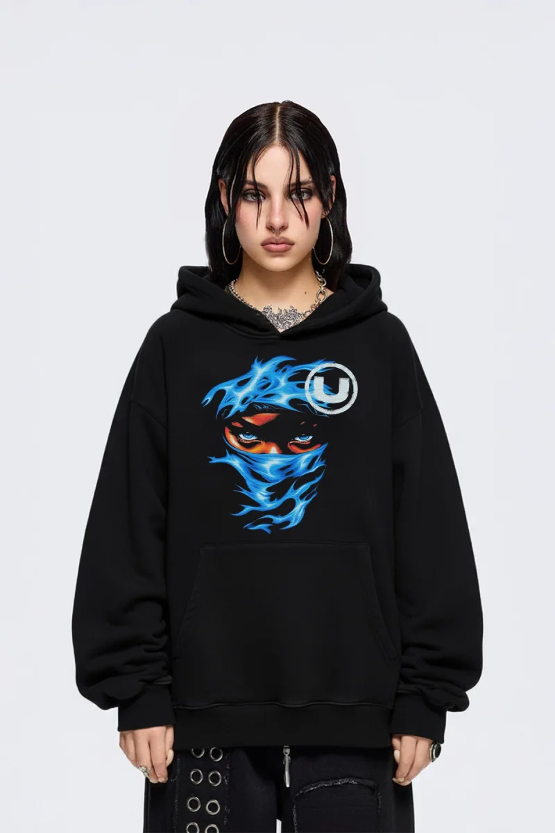 Blue Flame Baskılı Oversize Unisex Siyah Hoodie