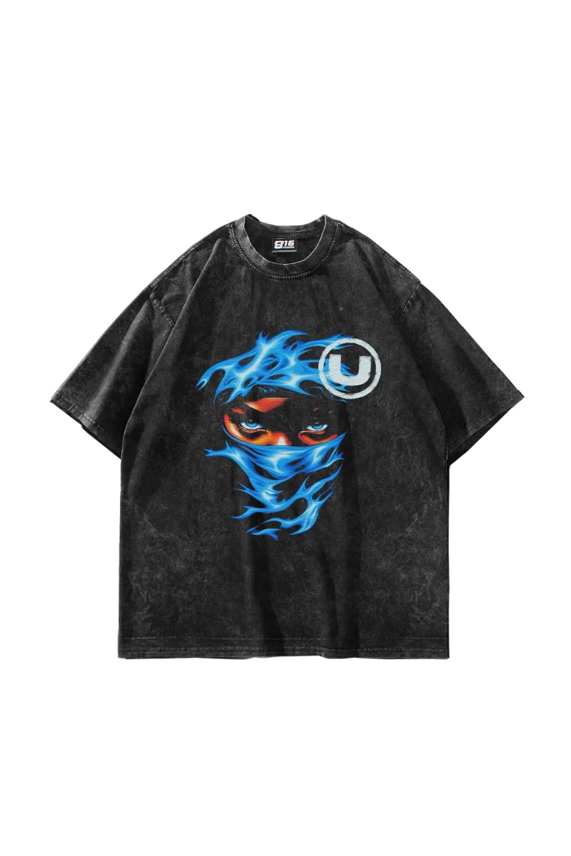 Blue Flame Baskılı Oversize Unisex Yıkamalı Siyah Tshirt