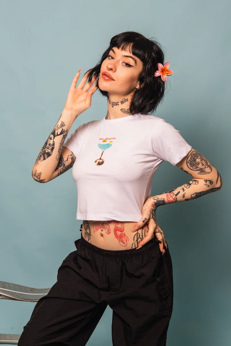 Blue Margharita Baskılı Beyaz Crop Top