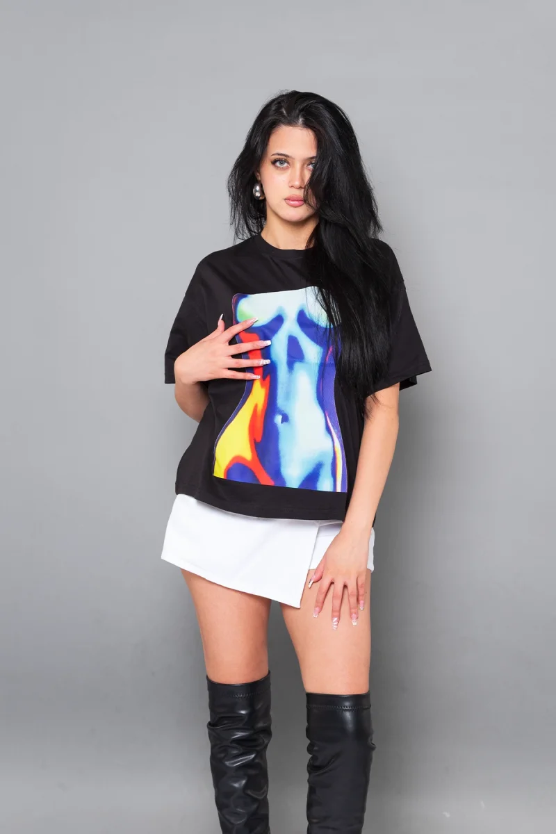 Blue Silhouette Baskılı Relaxed Fit Siyah Kadın Tshirt