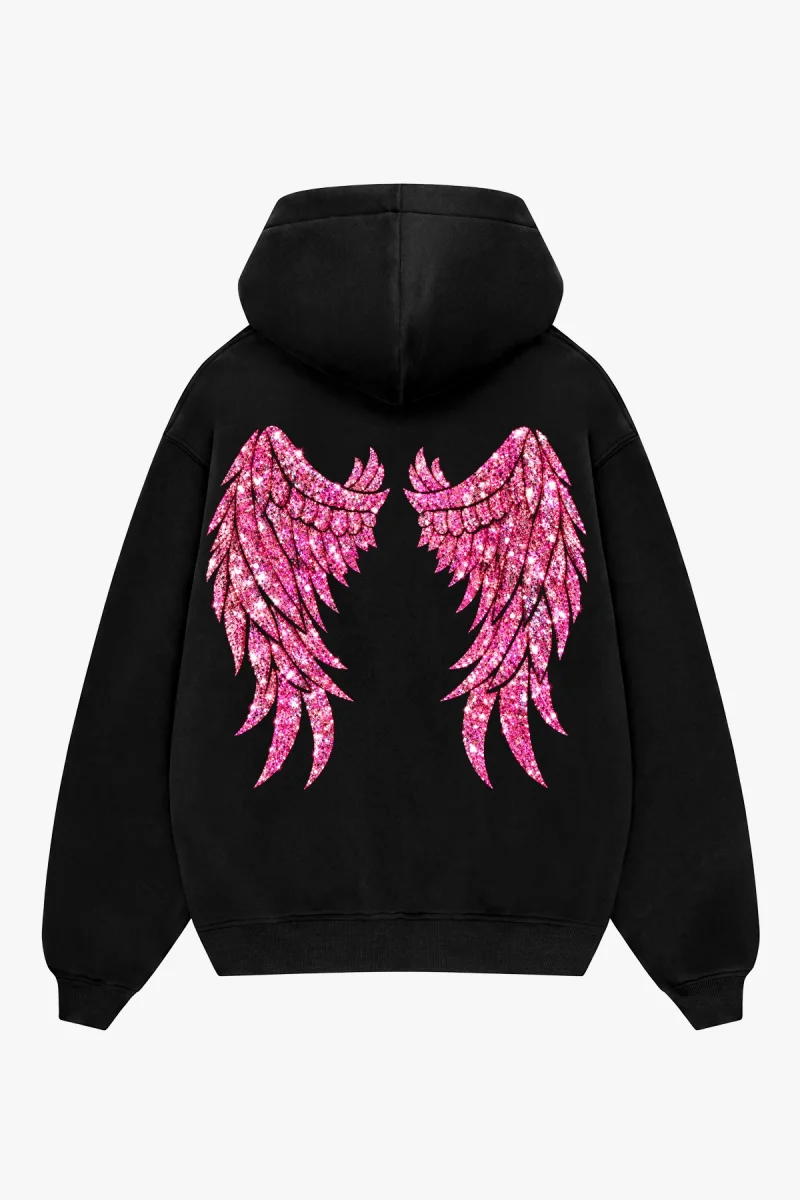Bombshell Wings Baskılı Siyah Oversize Hoodie