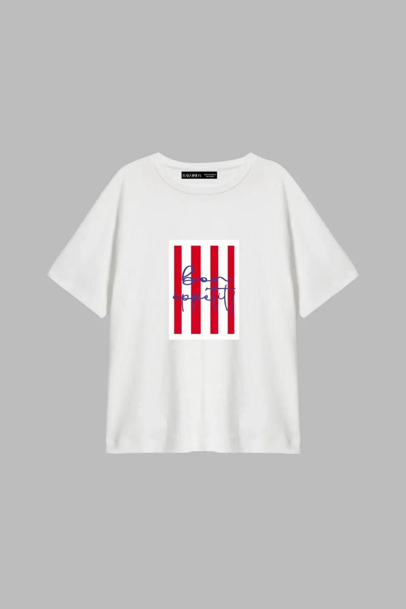 Bon Appetit Baskılı Relaxed Fit Beyaz Kadın Tshirt