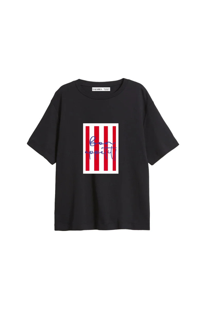 Bon Appetit Baskılı Relaxed Fit Siyah Kadın Tshirt