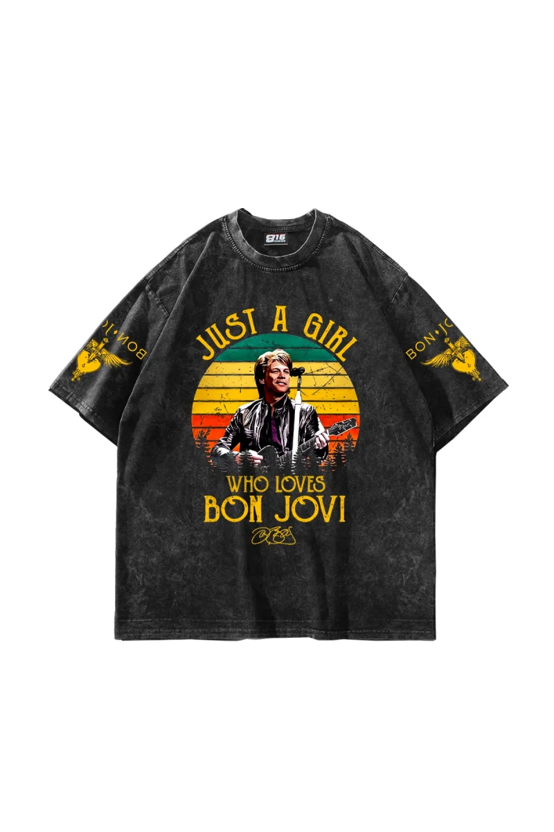 Bon Jovi Just A Girl Yıkamalı Siyah Oversize Tişört