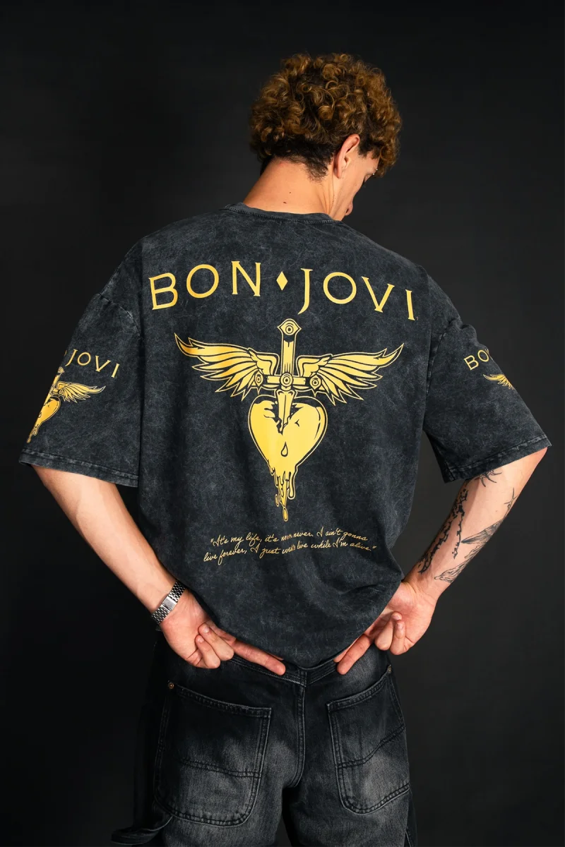 Bon Jovi Just A Girl Yıkamalı Siyah Oversize Tişört