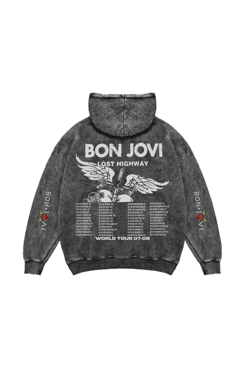 Bon Jovi Lost Highway Baskılı Oversize Unisex Yıkamalı Siyah Hoodie