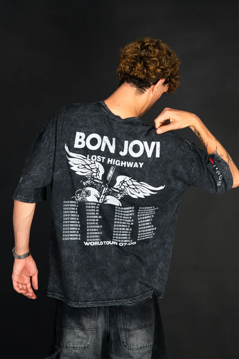 Bon Jovi Lost Highway Yıkamalı Siyah Oversize Tişört