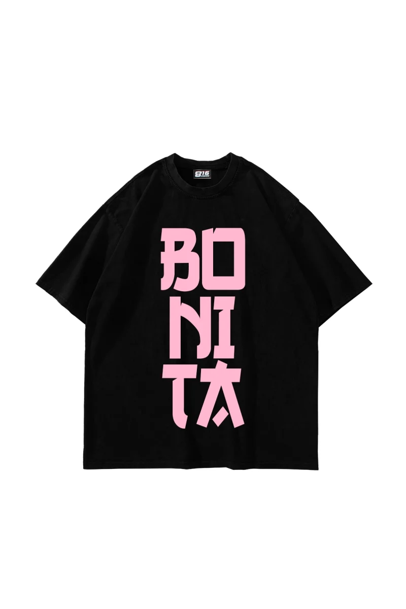 Bonita Pink Pembe Yazılı Siyah Oversize Tshirt