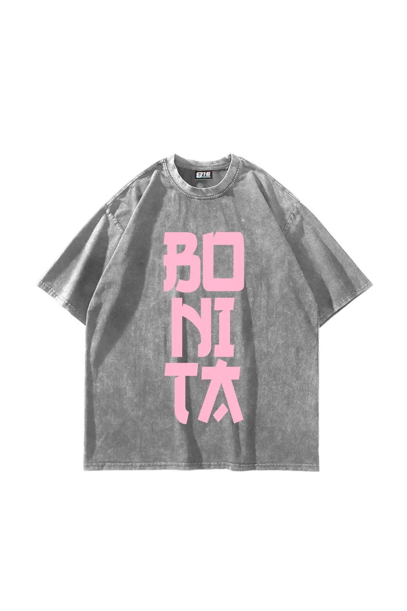 Bonita Pink Pembe Yazılı Yıkamalı Beyaz Oversize Tshirt