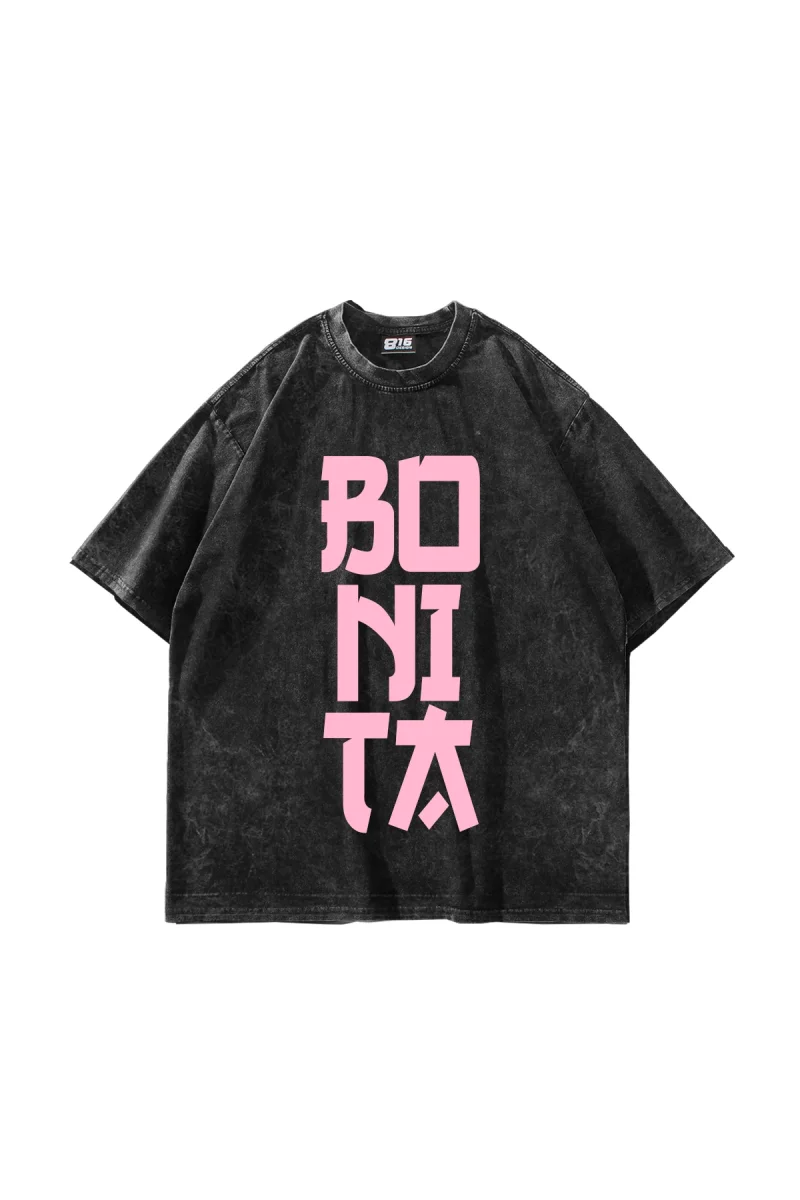 Bonita Pink Pembe Yazılı Yıkamalı Siyah Oversize Tshirt