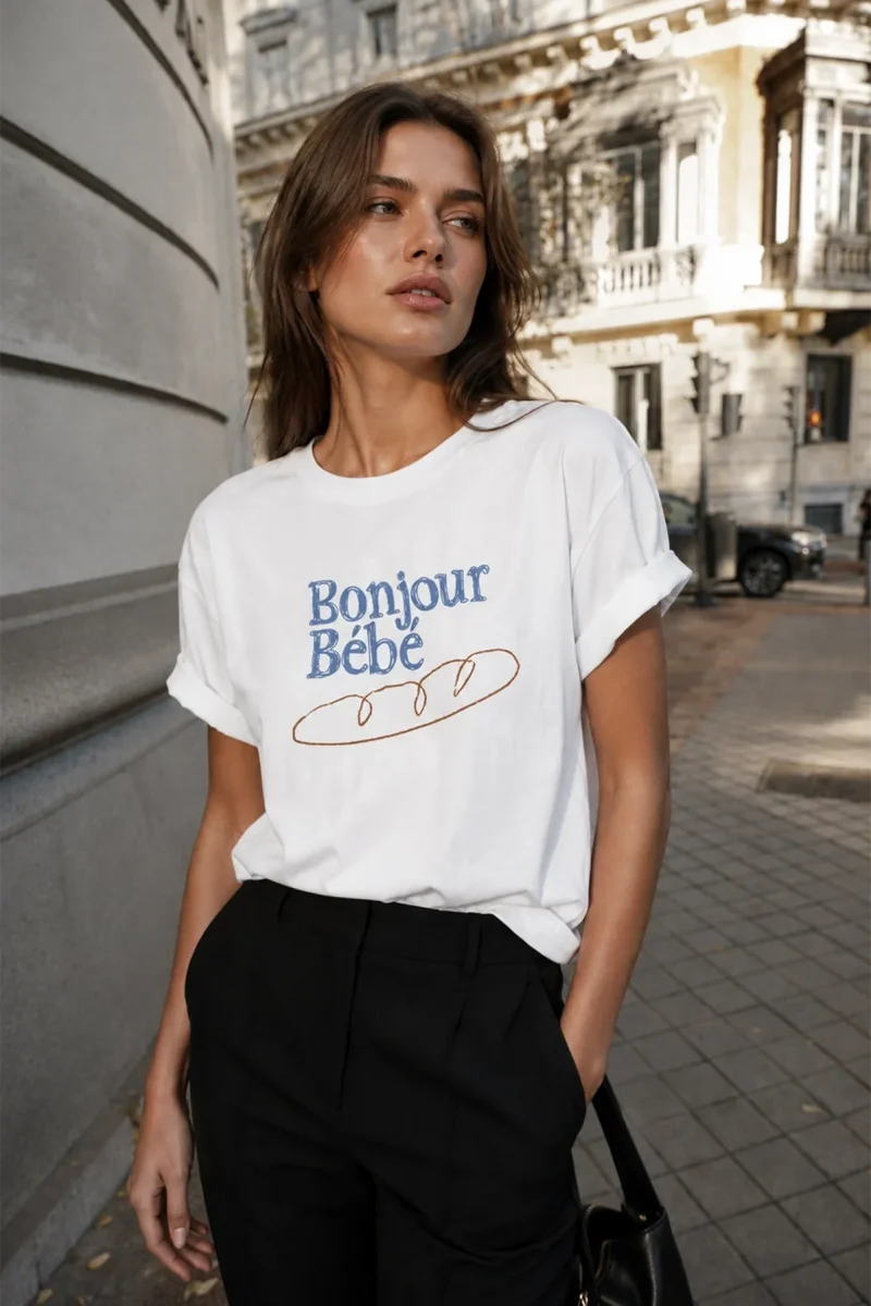 Bonjour Bébé Baskılı Relaxed Fit Beyaz Kadın Tshirt