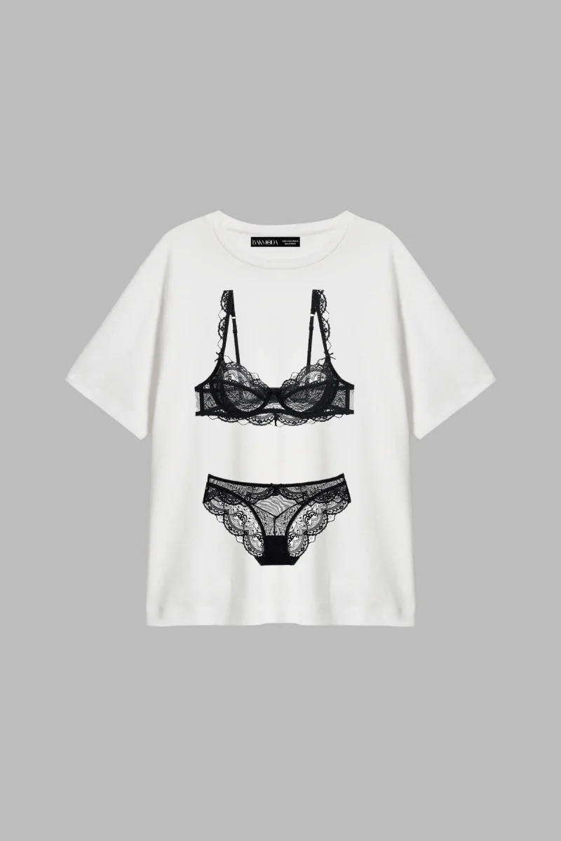 Bra Set Baskılı Relaxed Fit Beyaz Kadın Tshirt