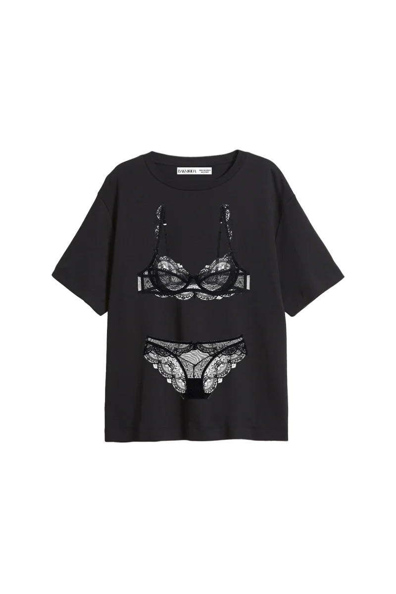 Bra Set Baskılı Relaxed Fit Siyah Kadın Tshirt
