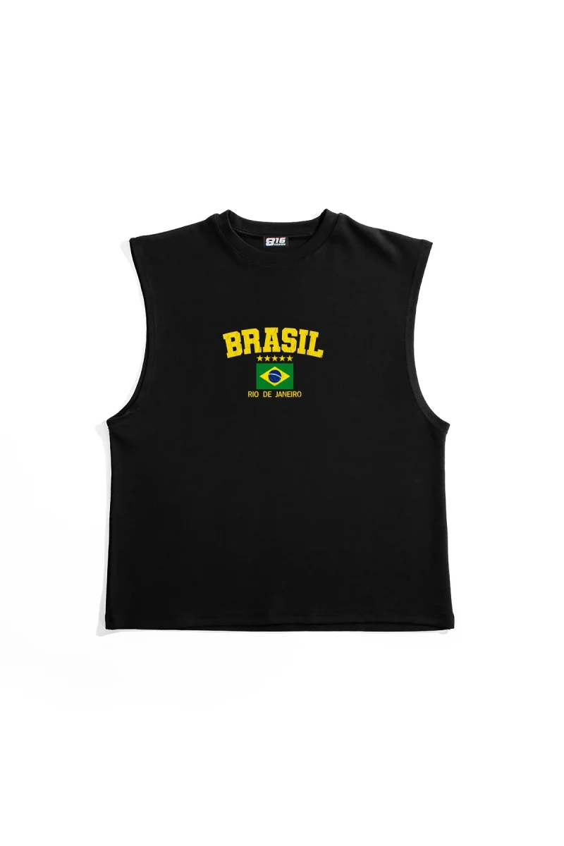 Brasil Baskılı Siyah Sıfır Kol Tişört