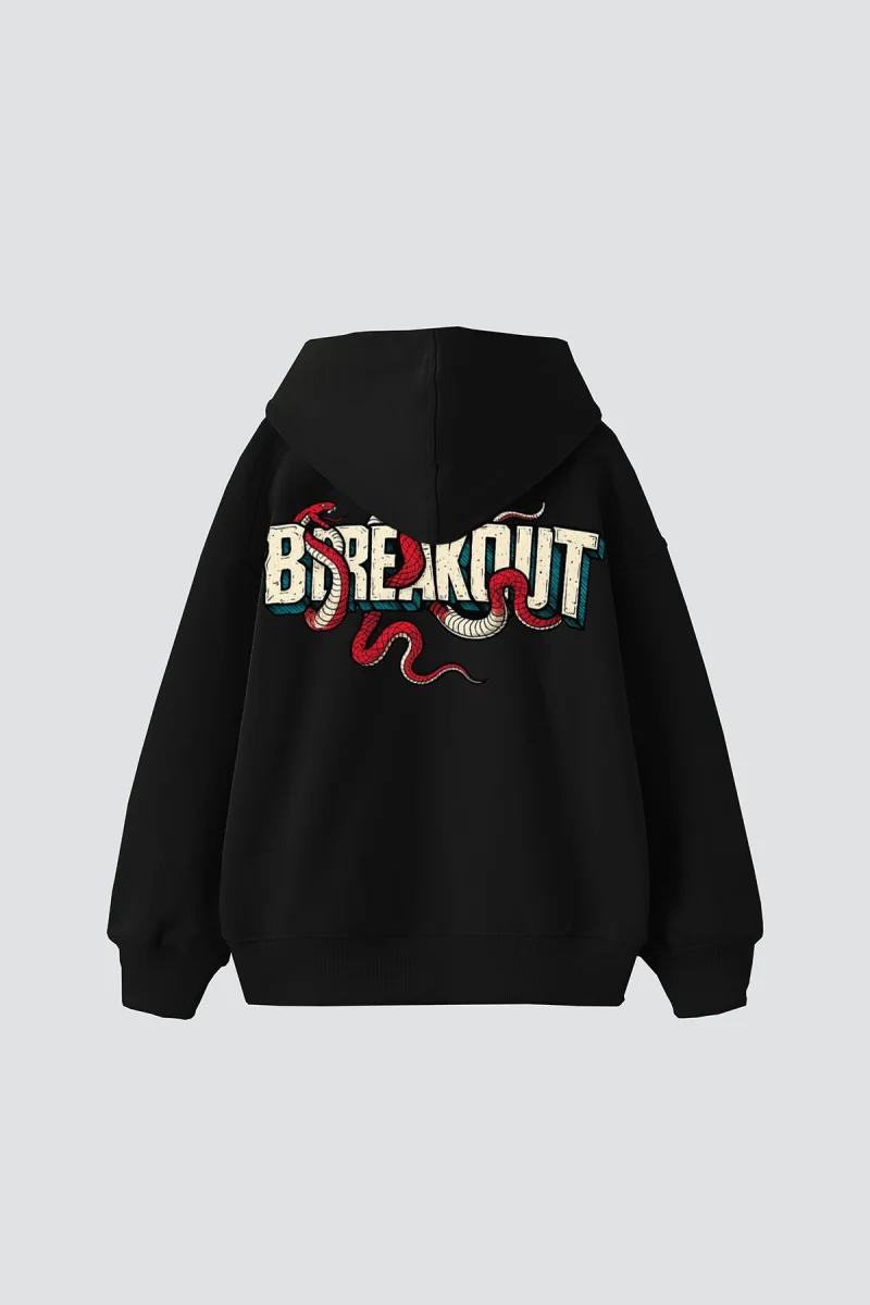Breakout Baskılı Oversize Unisex Siyah Hoodie
