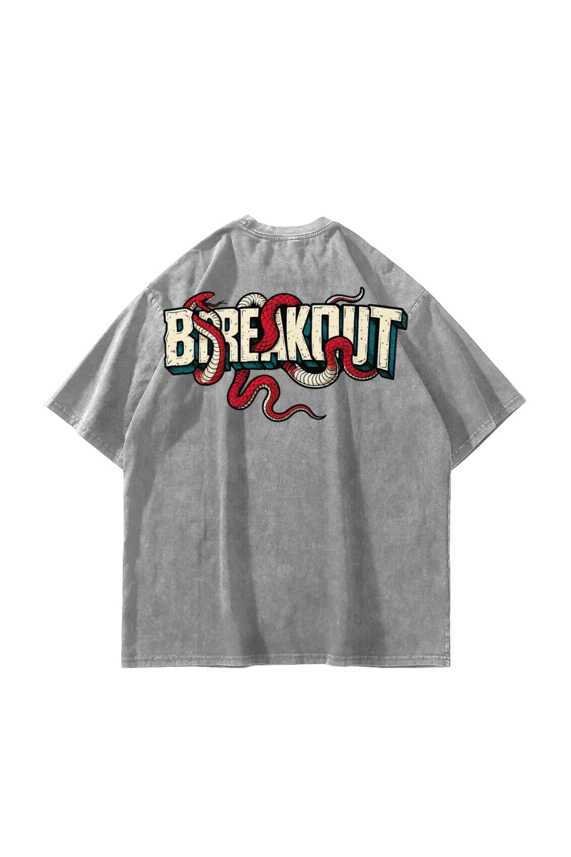 Breakout Baskılı Oversize Unisex Yıkamalı Beyaz Tshirt