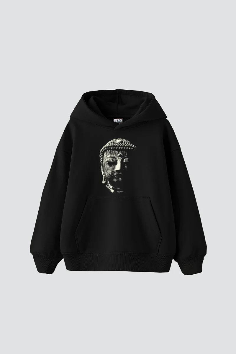 Buddha Baskılı Oversize Unisex Siyah Hoodie