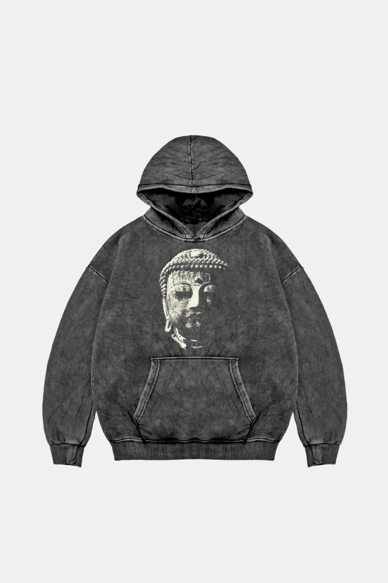 Buddha Baskılı Oversize Unisex Yıkamalı Siyah Hoodie