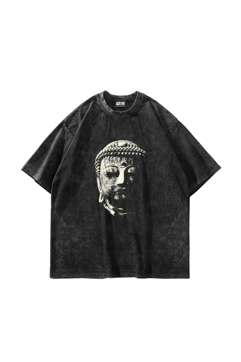 Buddha Baskılı Oversize Unisex Yıkamalı Siyah Tshirt