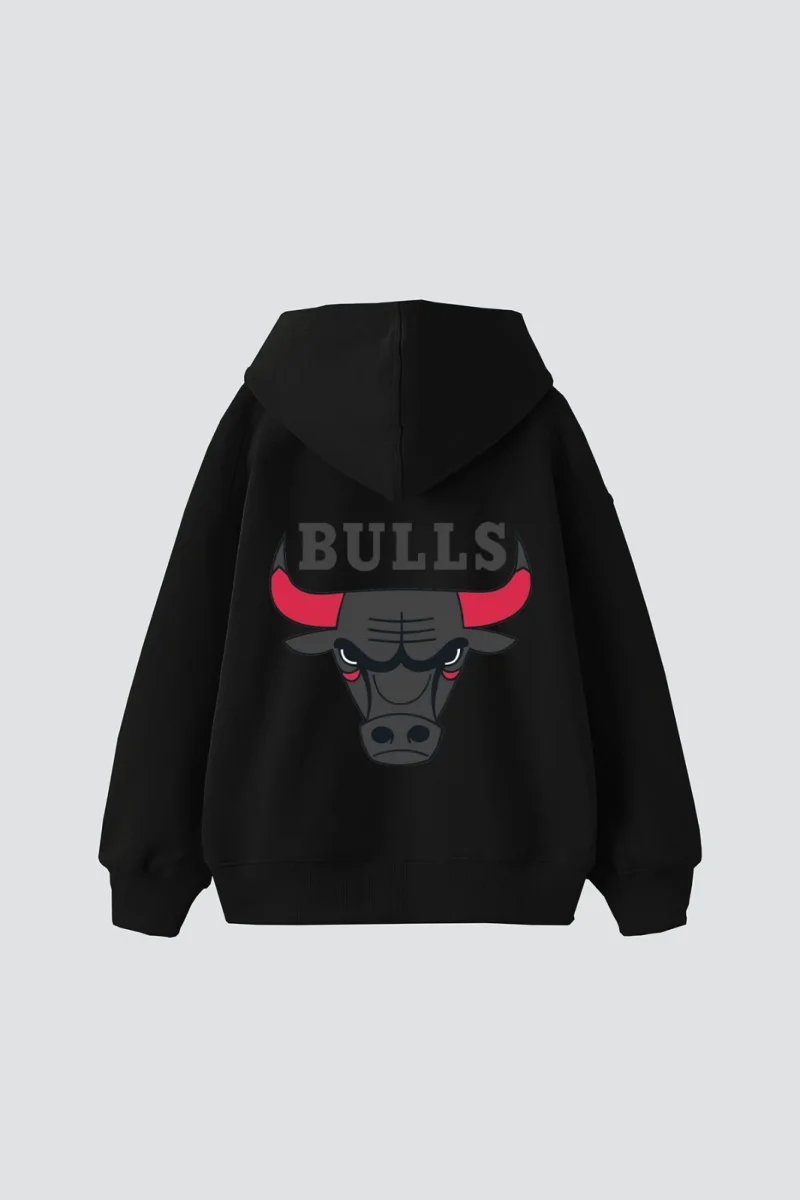 Bulls Baskılı Oversize Unisex Siyah Hoodie