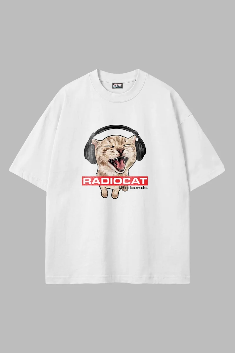 BullyRadioCat Baskılı Beyaz Oversize Unisex TShirt