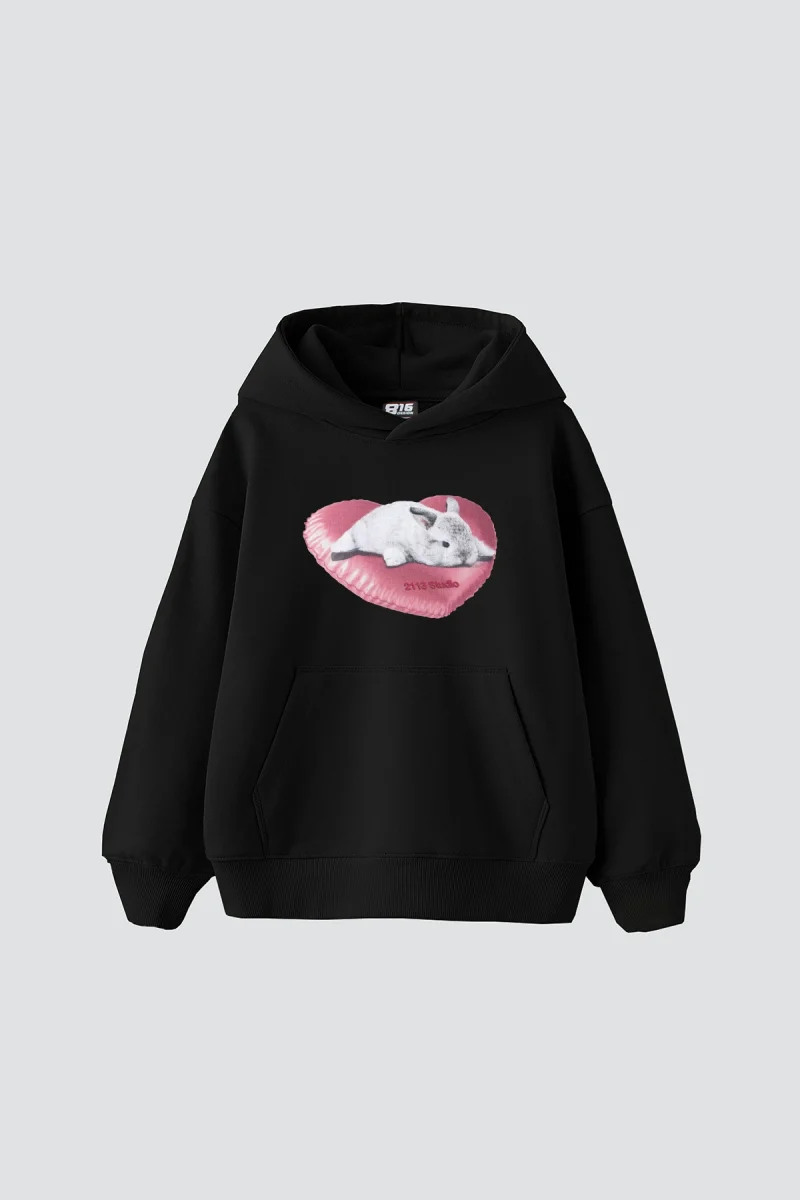 Bunny Baskılı Oversize Unisex Siyah Hoodie