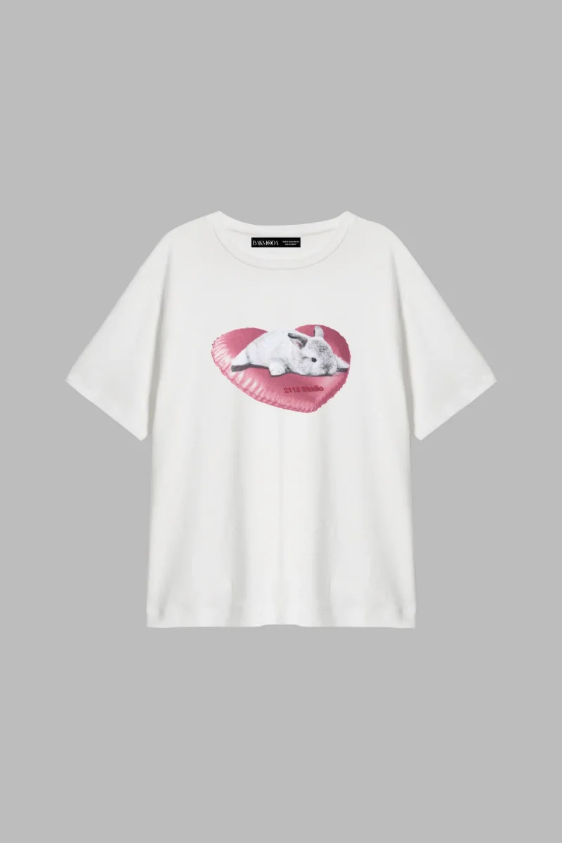 Bunny Baskılı Relaxed Fit Beyaz Kadın Tshirt