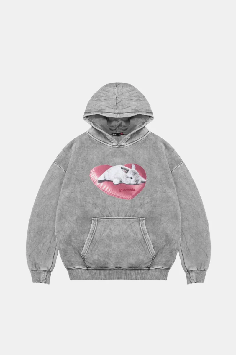 Bunny Oversize Unisex Yıkamalı Beyaz Hoodie