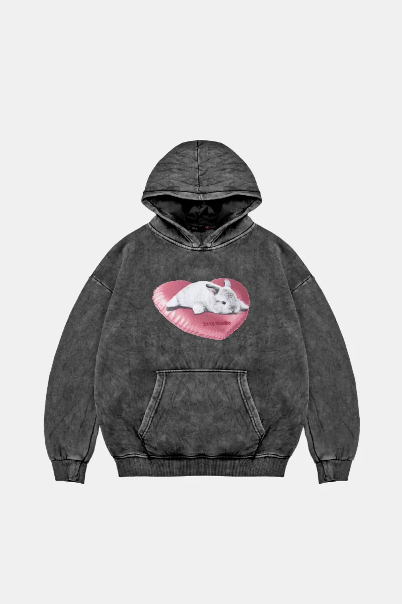 Bunny Oversize Unisex Yıkamalı Siyah Hoodie