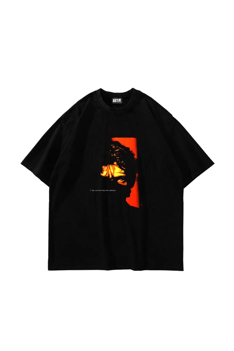 Burning With Passion Baskılı Oversize Unisex Siyah Tshirt
