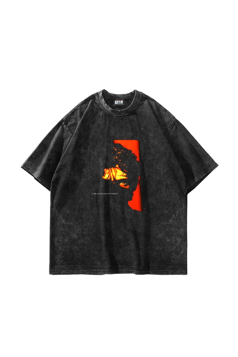 Burning With Passion Baskılı Oversize Unisex Yıkamalı Siyah Tshirt