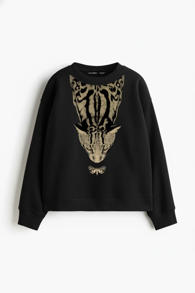 Butterfly Leopar Baskılı Kapüşonsuz Relaxed Fit Kadın Siyah Sweatshirt