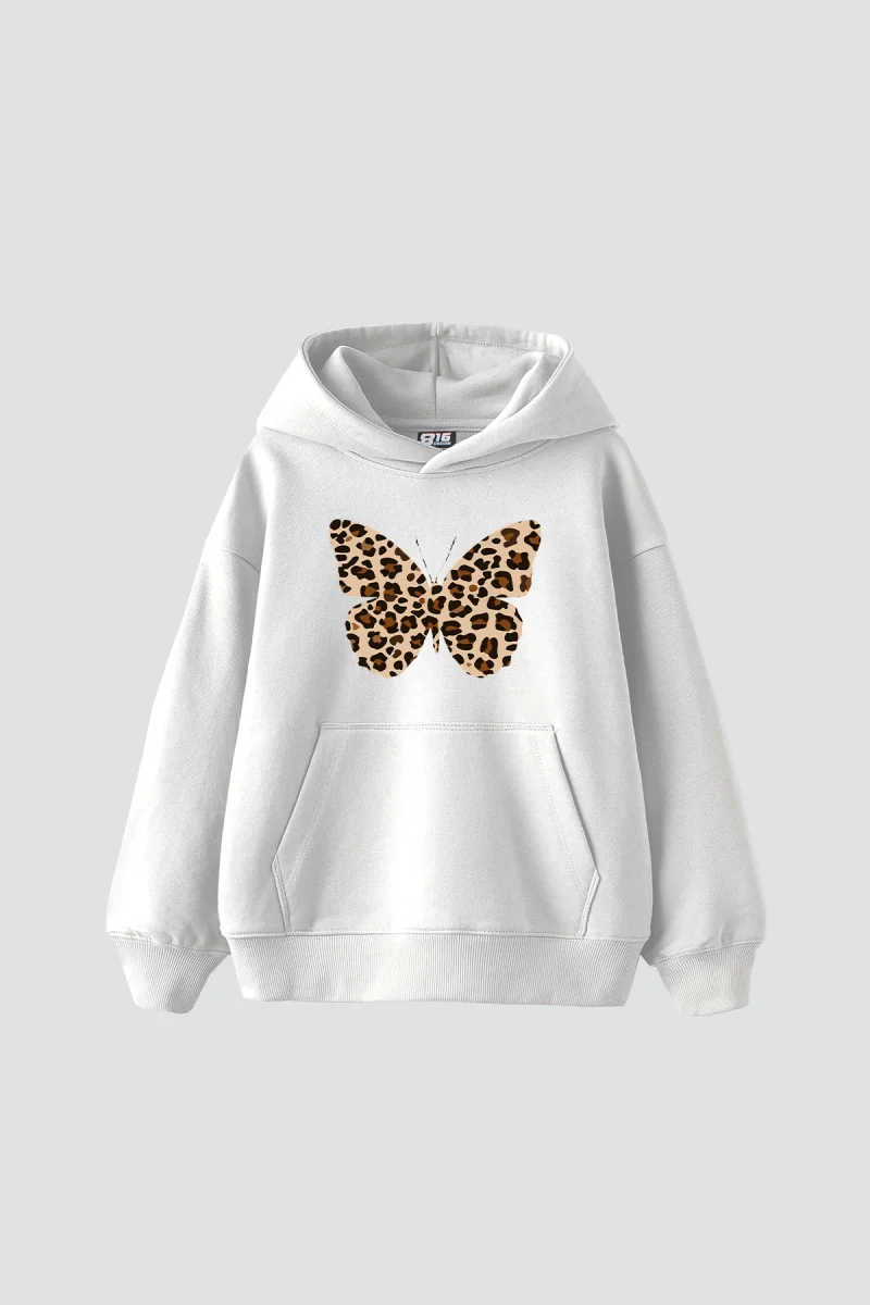 Kelebek Leopar Baskılı Oversize Unisex Premium Beyaz Hoodie