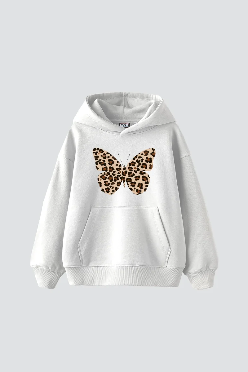 Butterfly Leopard Baskılı Oversize Unisex Premium Beyaz Hoodie