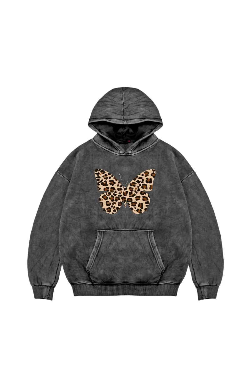 Kelebek Leopar Baskılı Oversize Unisex Premium Yıkamalı Siyah Hoodie