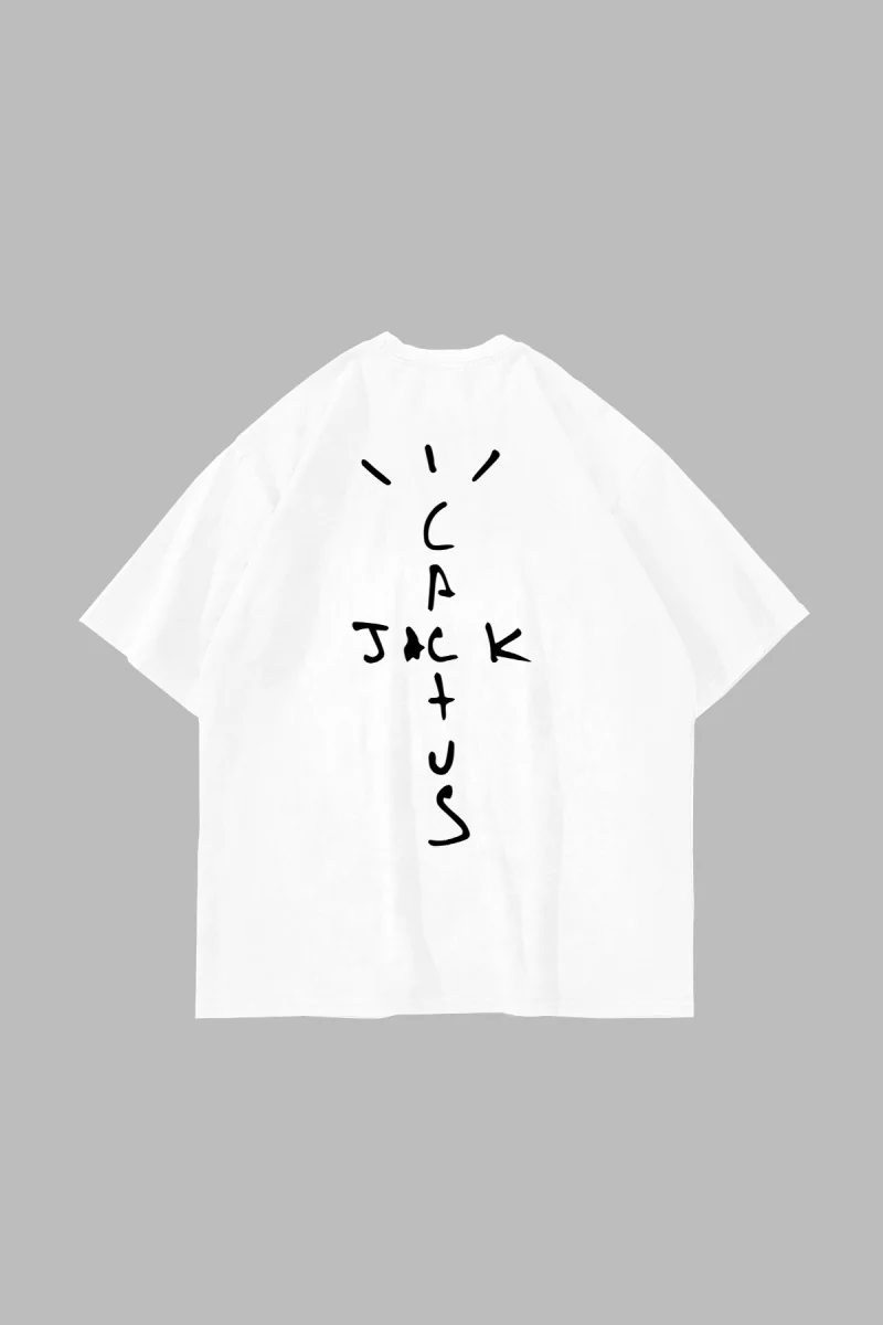 Cactus Jack Baskılı Beyaz Unisex Oversize Tshirt