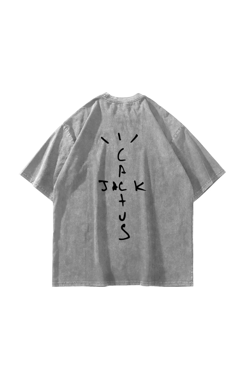 Cactus Jack Baskılı Yıkamalı Beyaz Unisex Oversize Tshirt