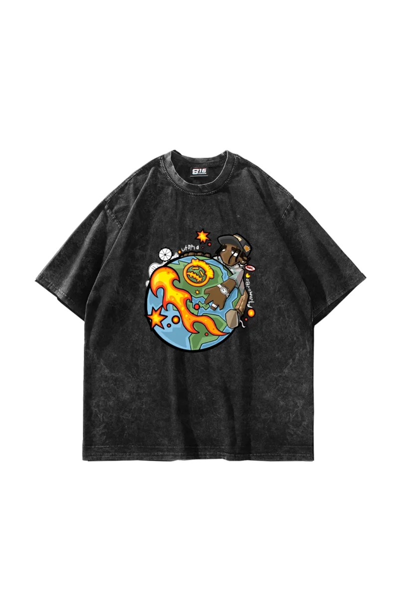 Cactus Jack Travis Baskılı Oversize Unisex Yıkamalı Siyah Tshirt